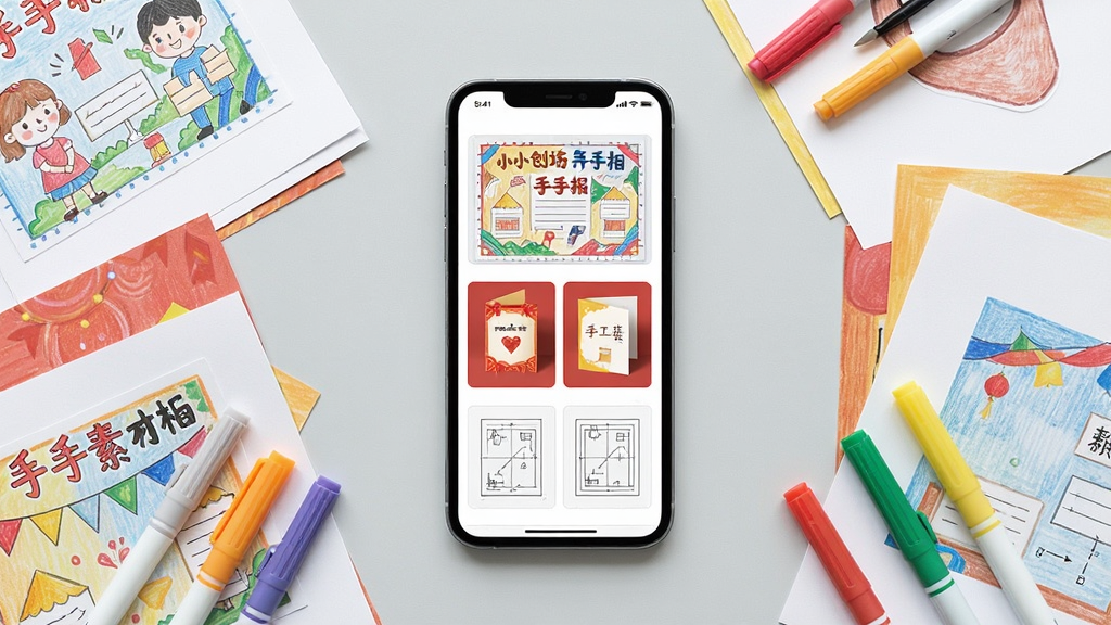 一张展示小小创意工坊模板素材库的图片,画面中央一部手机竖屏显示模板列表,屏幕内可见手抄报模板缩略图、贺卡模板缩略图、手工图纸缩略图,手机周围散落几张已打印的彩色模板纸张和彩色马克笔,背景为浅灰色桌面,风格简洁现代,画质干净,无多余元素