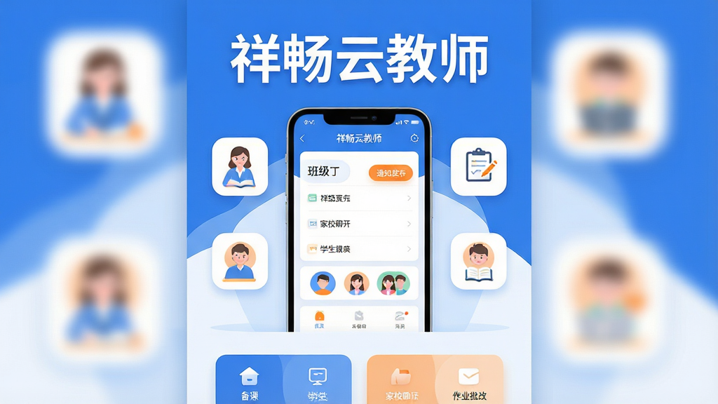 一幅展示智慧教育场景的竖版插画,画面中央放置一台智能手机,手机屏幕显示“祥畅云教师”应用界面,界面中包含班级列表、通知发布按钮、学生头像等元素;手机周围环绕教师备课、家校聊天、作业批改等小图标;整体布局为上下结构,上方为软件名称大字,下方为功能模块展示;风格为扁平化科技感,配色以蓝白为主,点缀橘色高亮;细节包括圆角图标、简洁线条、柔和阴影;画质清晰,干净,无多余元素