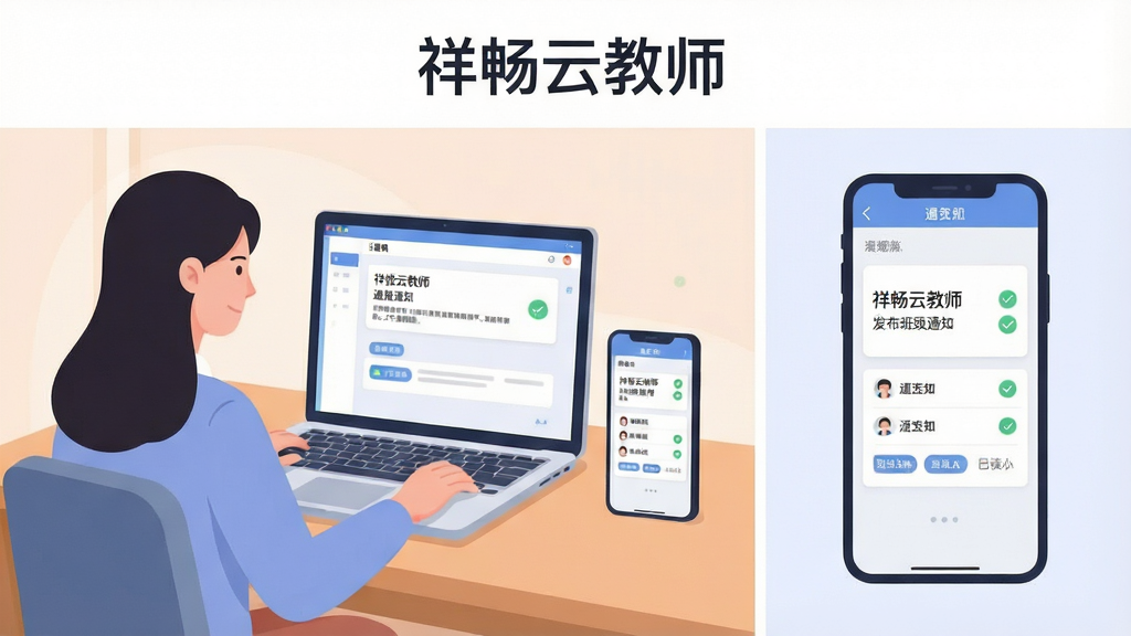 一幅展示教师使用“祥畅云教师”发布班级通知的场景插画,主体为一位教师坐在办公桌前操作笔记本电脑,屏幕显示通知编辑界面,旁边手机同步显示已读人数统计;布局为左右分栏,左侧为电脑操作区,右侧为手机同步预览区;排版简洁,上方留白放置“祥畅云教师”文字标识;风格为现代扁平插画,色调柔和;细节包含通知卡片、勾选状态图标、班级名称标签;画质清晰,干净,无多余元素