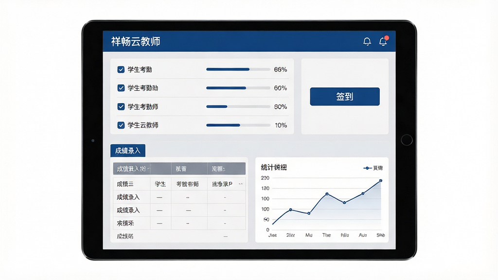 一幅展示“祥畅云教师”考勤与成绩管理功能的界面合成图,主体为平板电脑屏幕,屏幕内分为上下两个区域,上方显示学生考勤列表与签到按钮,下方显示成绩录入表格与统计图表;布局为居中展示,四周留白;风格为清爽商务风,主色为深蓝与浅灰;细节包含勾选标记、百分比进度条、折线图;画质清晰,干净,无多余元素