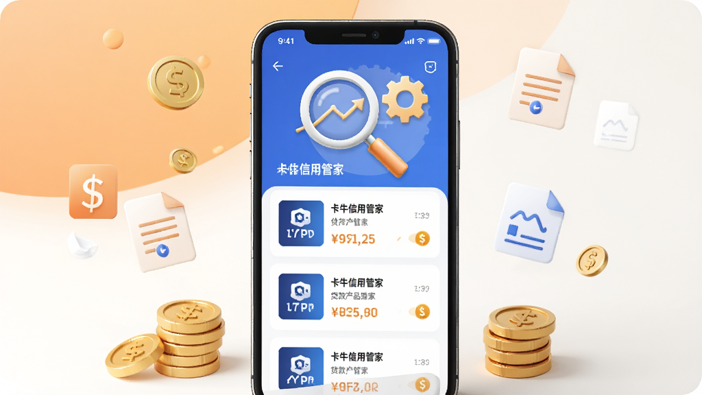 一张表现贷款信息智能匹配功能的AI生图。画面中央是一部手机,屏幕上显示卡牛信用管家的贷款产品推荐列表。手机上方有放大镜和齿轮图标,象征智能匹配。周围散落着金币和文件图标。背景为浅橙色与白色搭配,风格清新商务,画质干净,无多余元素。