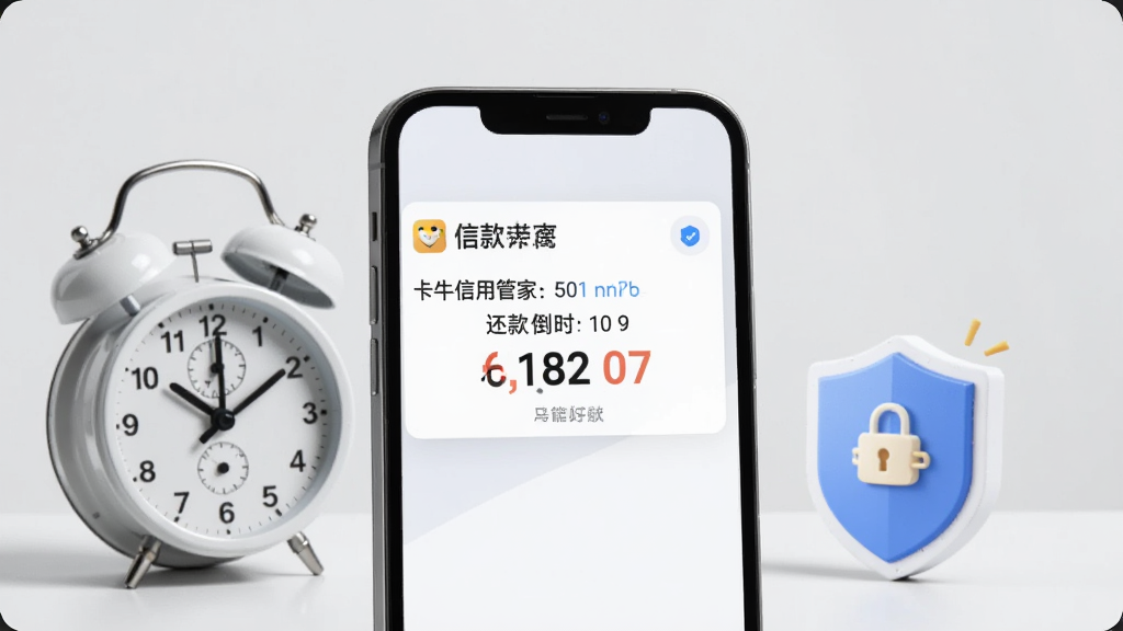 一张表现智能还款提醒功能的AI生图。画面中央是一部手机,屏幕弹出卡牛信用管家的还款提醒通知,通知卡片上写有还款倒计时。手机旁边放置一个闹钟和一个盾牌图标,象征提醒与安全保障。背景为浅灰色,风格简约现代,画质干净,无多余装饰元素。