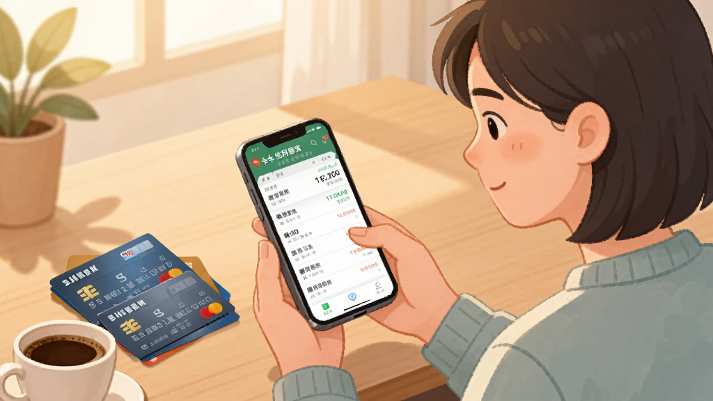 一张表现卡牛信用管家新手使用场景的AI生图。画面中一位年轻用户坐在桌前,手持手机查看卡牛信用管家应用界面,桌面上放着几张信用卡和一杯咖啡。手机屏幕显示清晰的账单列表。整体风格为温馨生活化插画,色调柔和,画质干净,无多余元素。
