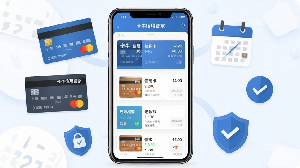 一张展示卡牛信用管家手机应用主界面的产品预览图。画面中央竖立一部智能手机,屏幕上显示卡牛信用管家的账单管理页面,包含信用卡列表与还款提醒卡片。手机周围环绕着信用卡、日历图标、盾牌安全图标等元素,采用蓝色与白色为主的清爽商务风格,扁平化设计,细节清晰,画质干净,无多余元素。