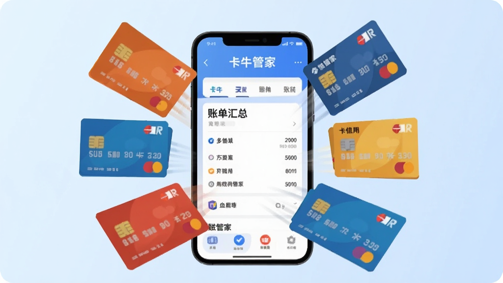一张表现多卡账单统一管理的AI生图。画面中多张不同颜色的信用卡从四面八方飞入一个手机屏幕中,手机屏幕中央显示卡牛信用管家的账单汇总界面。背景为淡蓝色渐变,卡片带有银行标识的抽象图案,整体风格简洁明快,扁平化插画风格,画质清晰干净。