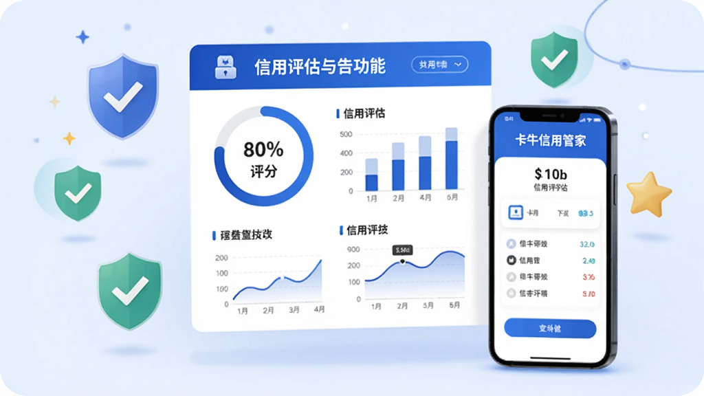 一张表现信用评估与报告功能的AI生图。画面中央是一份悬浮的信用报告图表,包含评分圆环、柱状图和曲线图。手机屏幕显示卡牛信用管家的信用评估页面。周围环绕着盾牌、对勾、星星等象征信用的图标。整体风格为商务蓝调,扁平化设计,细节丰富,画质干净。