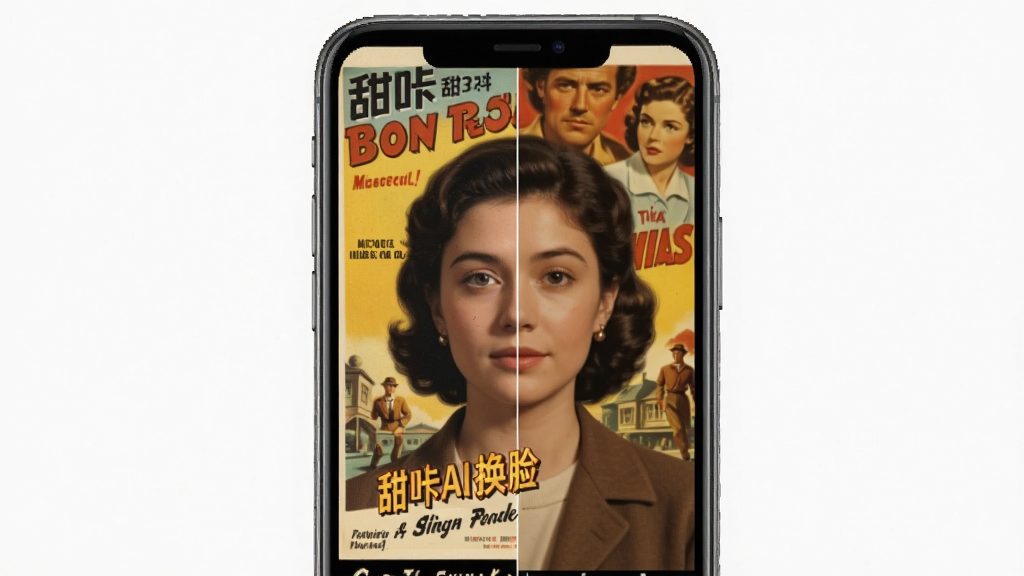 甜咔AI换脸功能界面展示,手机屏幕中一位用户的照片被融合到复古电影海报里,画面左右分屏对比原图与效果图,色调温暖,风格写实,画质清晰,干净无杂乱元素