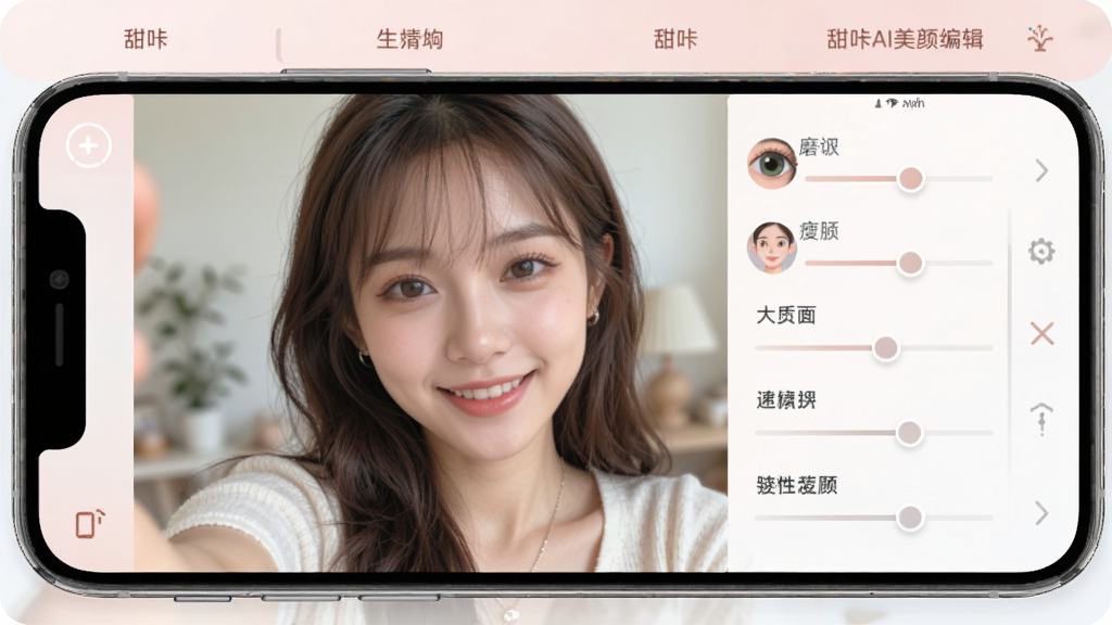 甜咔AI美颜编辑界面,手机屏幕显示一位年轻女性的自拍照片,右侧有磨皮、瘦脸、大眼等调节滑块,界面配色柔和,风格清新,画质细腻,干净整洁