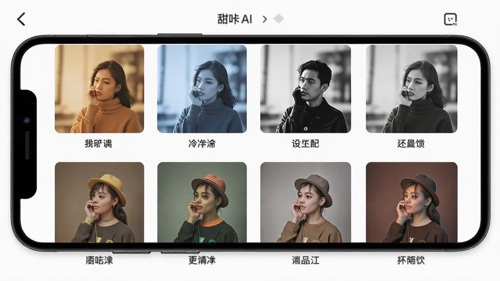 甜咔AI滤镜选择界面,手机屏幕上排列着多个不同风格的滤镜缩略图,包括暖色调、冷色调、黑白、复古等,每个缩略图下方标注风格名称,界面布局整齐,风格简约现代,画质高清,无多余装饰