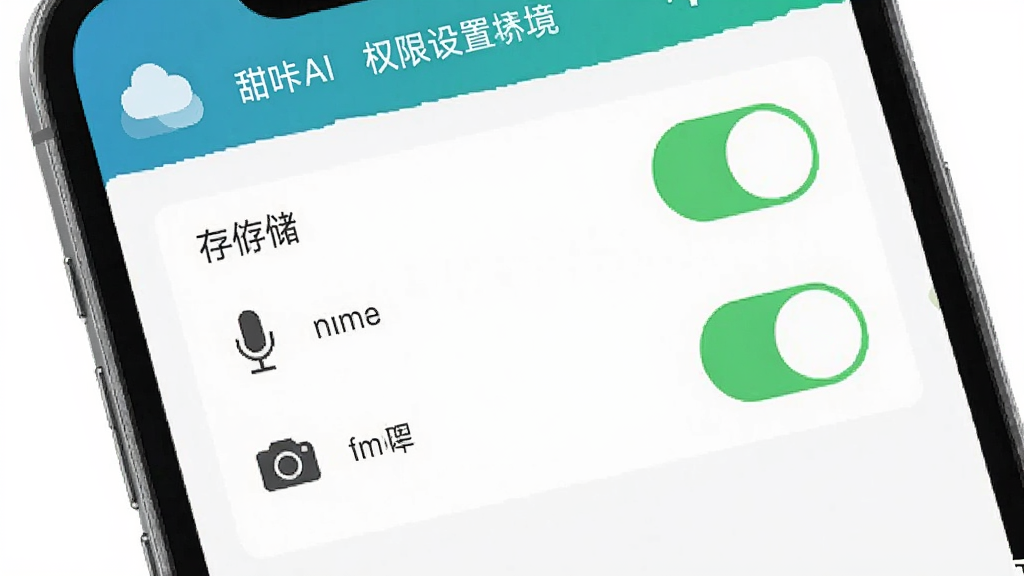 甜咔AI权限设置界面示意图,手机屏幕显示应用权限管理页面,存储、相机、麦克风权限开关处于开启状态,界面简洁,风格清晰,画质干净,无多余元素