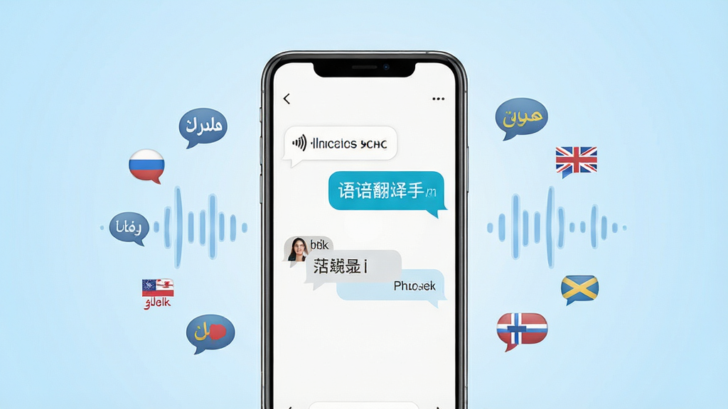一张展示语音翻译助手软件界面的手机应用展示图,画面中央是一部现代智能手机,手机屏幕上显示语音翻译助手的对话翻译界面,界面中包含中文与英文的对话气泡,手机周围环绕着多国语言的文字符号和声波图标,背景为干净的浅蓝色渐变,风格简洁科技感,细节清晰,画质高清,干净,无多余元素