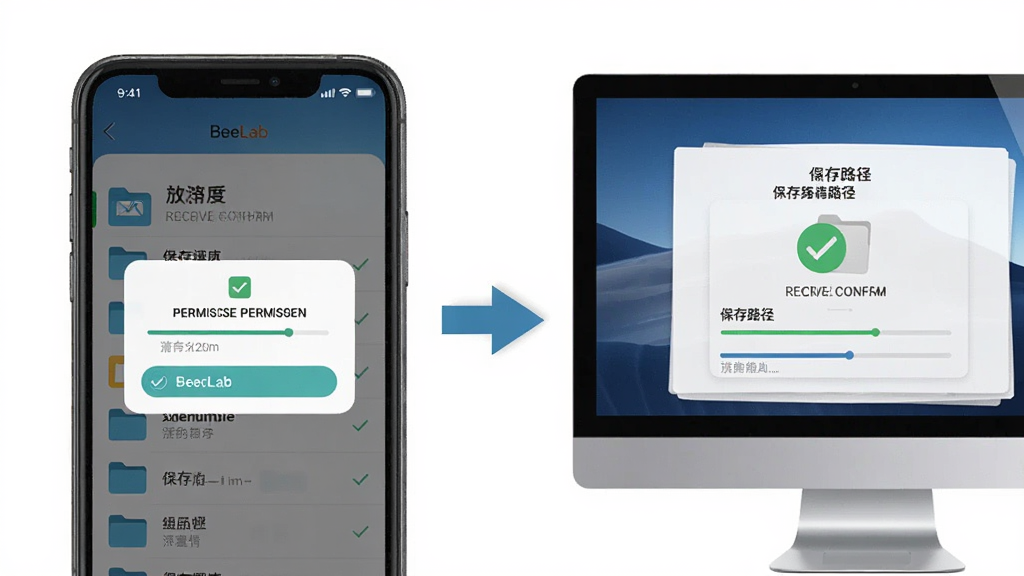 一张 BeeLab 使用教程示意图,画面分为左右两部分,左侧是手机界面显示权限弹窗和文件列表,右侧是电脑界面显示接收确认和保存路径,中间有箭头连接,布局清晰,风格简洁明快,细节包括勾选标记、进度条、文件夹图标,画质清晰,干净,无多余元素