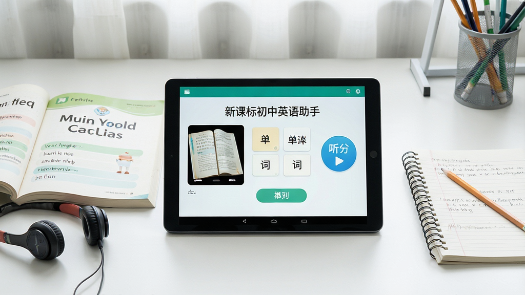 一张展示初中生使用平板电脑学习英语的场景图,画面中央是一台横屏安卓平板,屏幕上清晰显示“新课标初中英语助手”软件界面,界面中有课本点读、单词卡片和听力播放按钮,平板旁边放着初中英语课本和笔记本,背景是整洁的书桌,光线明亮柔和,布局居中对称,风格写实清新,细节包括课本上的英语单词、耳机、铅笔,画质高清,干净,无多余元素