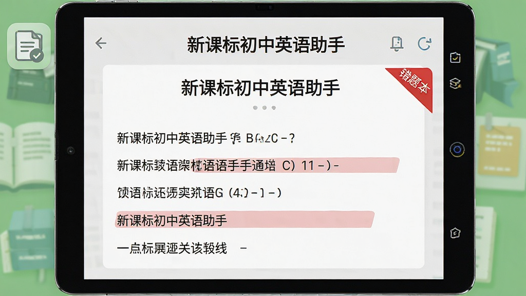 一张展示“新课标初中英语助手”语法讲解界面的图片,画面中央是一部安卓平板,屏幕显示语法知识点和例句,旁边有错题本图标和红色标记,布局居中,风格简洁教育风,细节包括语法标题、例句、错题数量角标,画质高清,干净,无多余元素