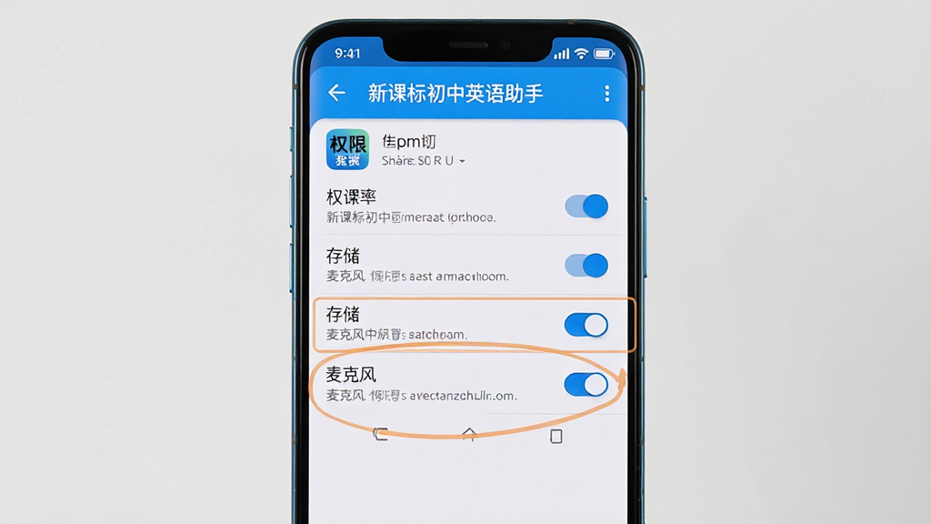 一张展示安卓手机安装“新课标初中英语助手”时权限设置界面的图片,画面主体是一部竖屏手机,屏幕显示应用权限管理页面,高亮标注“存储”“麦克风”权限开关,布局居中,风格简洁科技感,细节包括权限列表、开关按钮、提示文字,画质清晰,干净,无多余元素