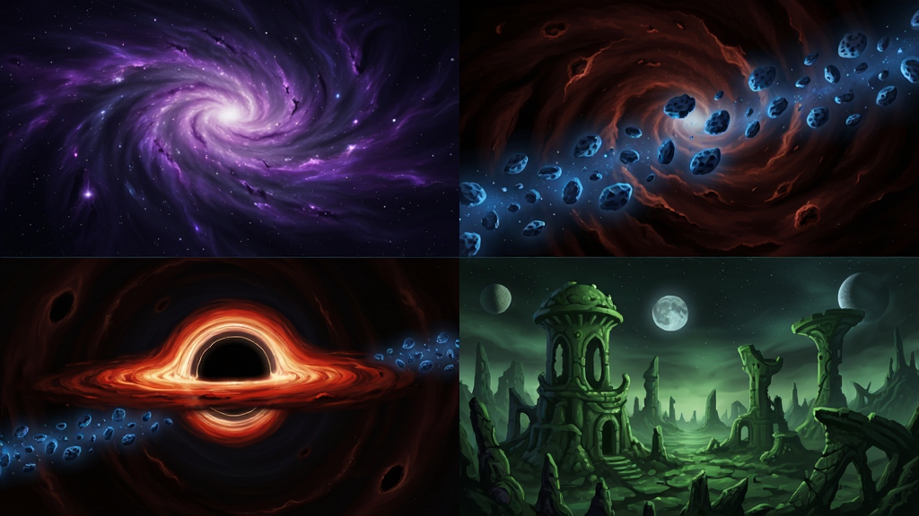 太空进化人作战宇宙场景合集,主体是四个不同颜色的星域场景拼接,布局为田字格排版,风格为科幻概念艺术,细节包含紫色星云、蓝色陨石带、红色黑洞和绿色外星遗迹,画质细腻,干净,无多余元素