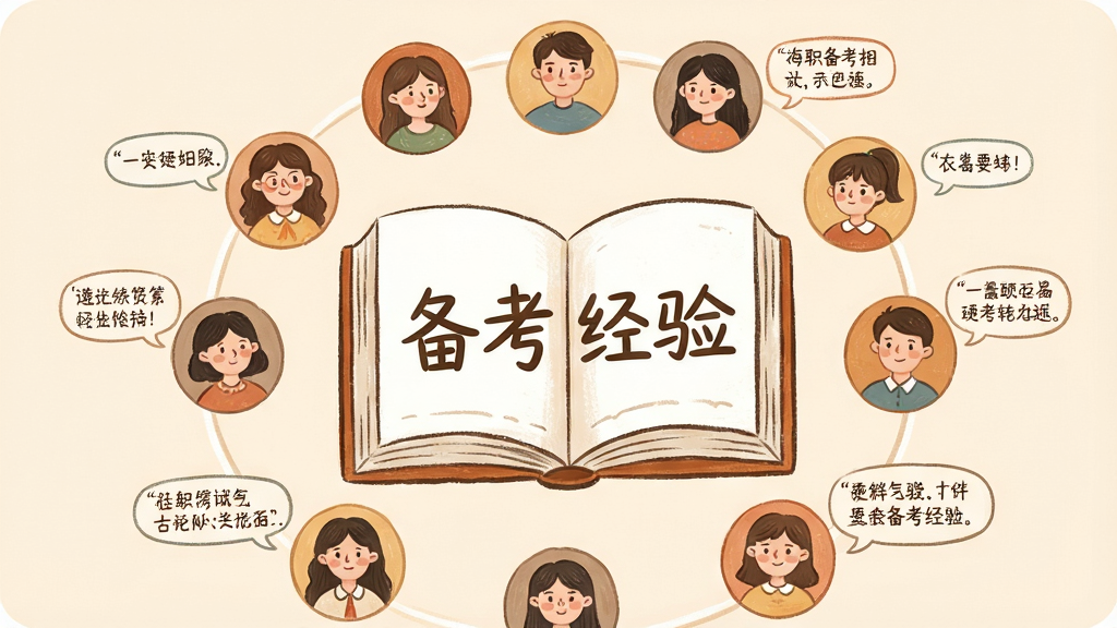 一幅展示在职研究生招生信息网备考社区功能的插画,主体为多个用户头像围绕着一本打开的书本,书本上写着“备考经验”字样,布局采用圆形环绕构图,排版上头像均匀分布在书本周围,风格为温暖手绘插画风,细节包括每个头像旁边有小气泡显示简短留言,背景为柔和的米黄色,画质细腻,画面干净,无多余元素
