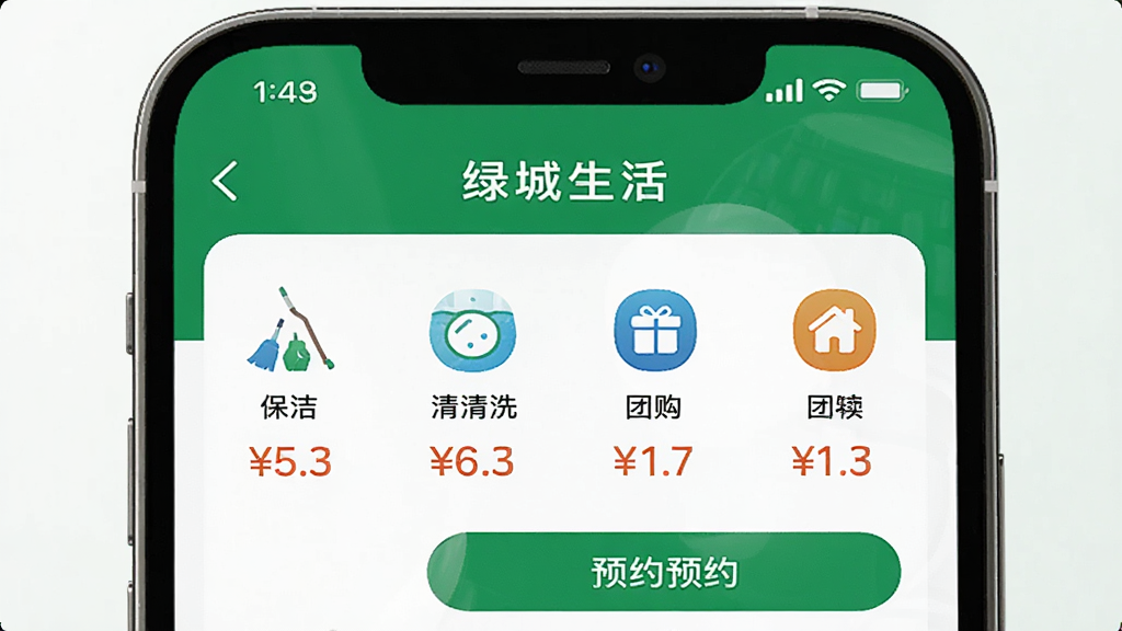 生成一张AI图片,主体是手机屏幕展示“绿城生活”APP的生活服务商城页面,页面内有保洁、清洗、团购等图标,布局为居中特写,风格简洁电商风,细节包括清晰的价格标签和预约按钮,画质超清,干净无干扰