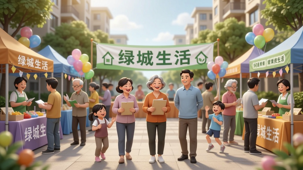 生成一张AI图片,主体是一群人在小区广场参加社区活动,背景有“绿城生活”横幅,布局为全景构图,风格温馨欢乐,细节包括笑脸、彩色气球和活动摊位,画质高清,干净明亮