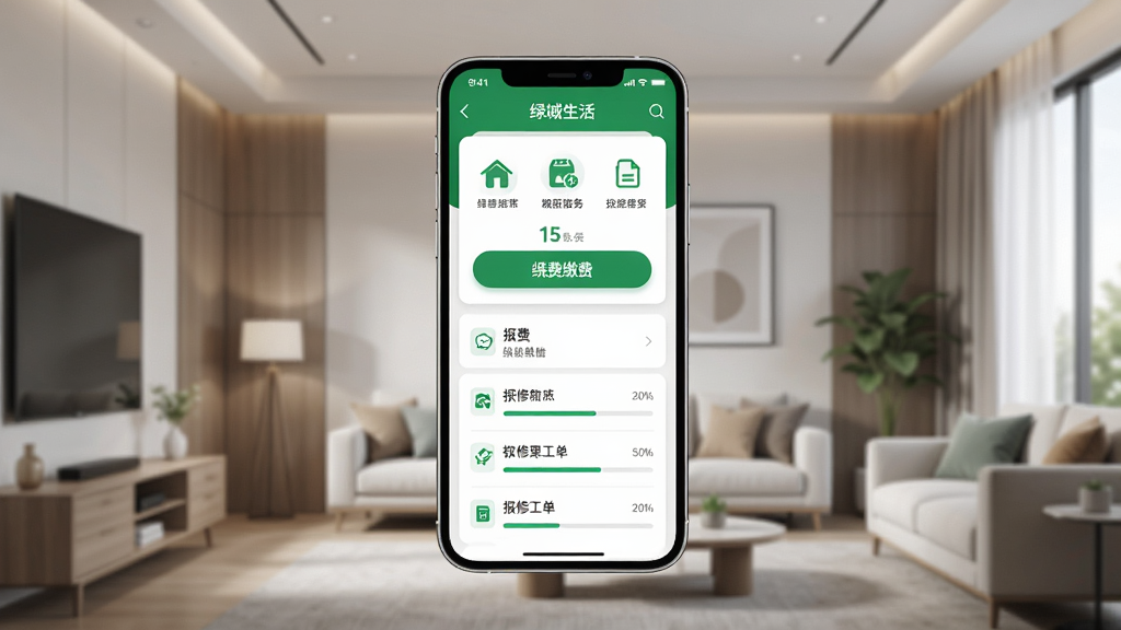 生成一张AI图片,主体是一个手机屏幕悬浮在客厅上方,屏幕内显示“绿城生活”APP的物业服务页面,有缴费按钮和报修工单列表,布局为居中构图,风格现代科技感,细节包括清晰的图标和进度条,画质超清,干净整洁