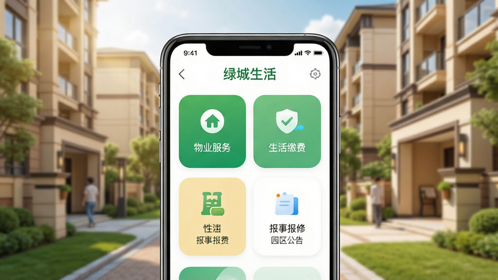 设计一张手机应用界面展示图,画面中央是一部现代智能手机,屏幕上显示“绿城生活”APP的主页界面,包含物业服务、生活缴费、报事报修、园区公告等模块图标,背景是温馨的现代住宅小区实景,整体布局简洁清晰,风格清新明亮,细节上突出图标和文字“绿城生活”,画质高清,干净无多余元素