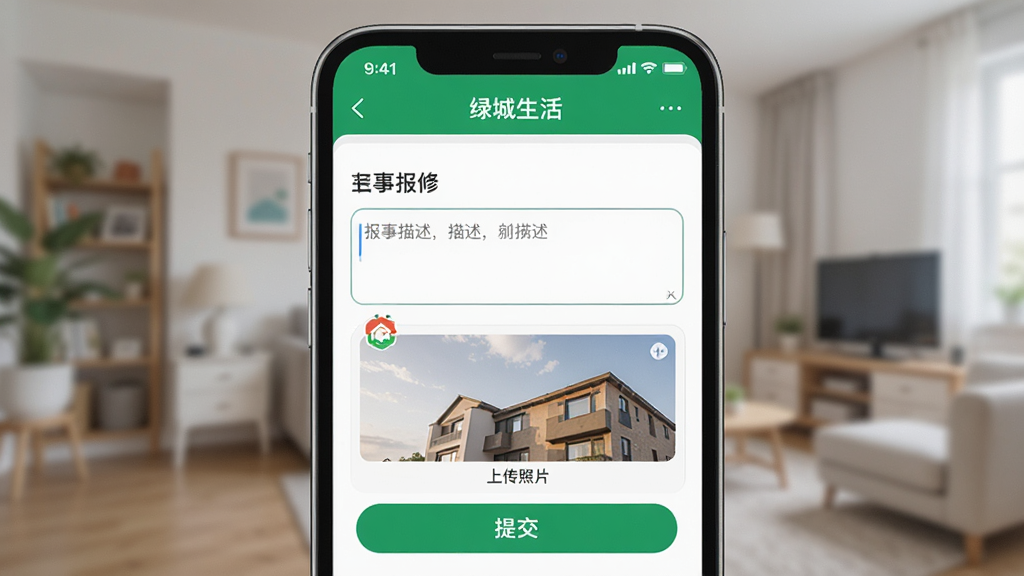 生成一张AI图片,主体是手机屏幕显示“绿城生活”APP的报事报修页面,有填写描述和上传照片的界面,布局为居中特写,风格简洁实用,细节包括清晰的输入框和提交按钮,画质高清,干净无多余元素