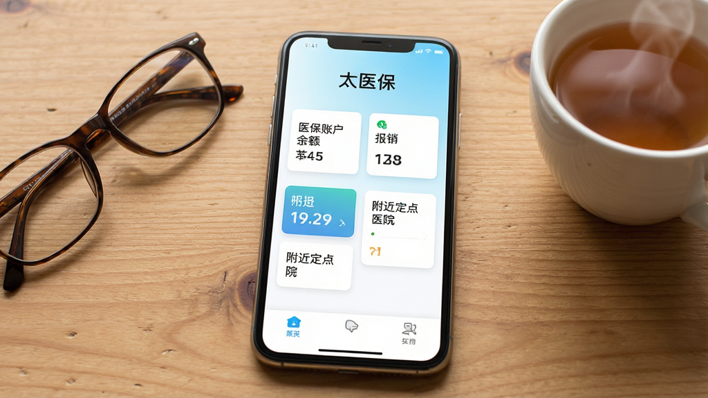 一张展示智能手机屏幕的图片,屏幕中央显示“太医保”应用主界面,界面上有医保账户余额、报销进度、附近定点医院等卡片式布局,背景为干净的白色和浅蓝色渐变,手机放置在木质桌面上,旁边有一副老花镜和一杯热茶,整体风格温馨实用,画质清晰,干净无多余元素