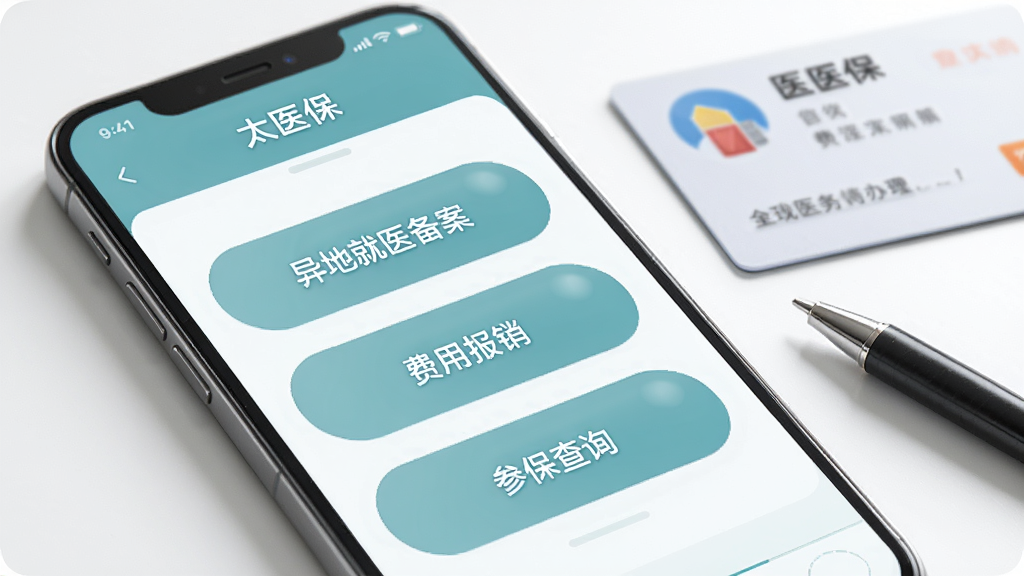 一部智能手机特写,屏幕显示“太医保”的医保业务办理页面,页面上有“异地就医备案”“费用报销”“参保查询”三个大按钮,按钮采用圆角设计,颜色为柔和的蓝绿色,手机旁有一张医保卡和一支笔,背景简洁明亮,画质高清,干净无多余元素