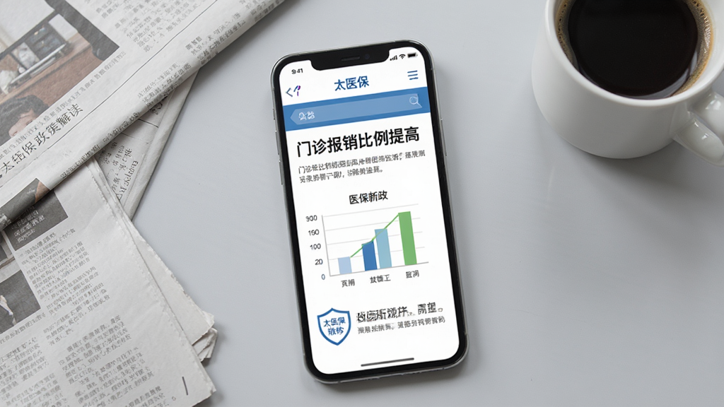 一部手机屏幕显示“太医保”的政策解读页面,页面上有图文并茂的医保新政说明,标题为“门诊报销比例提高”,配有一张简单的图表,手机周围散落着几份报纸和一杯咖啡,背景为浅灰色桌面,风格商务简洁,画质清晰,干净无多余元素