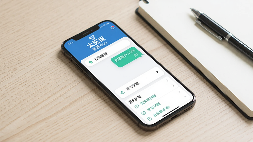 一部手机放在桌面上,屏幕显示“太医保”的客服中心页面,页面上有在线客服对话框和常见问题列表,手机旁边有一本笔记本和一支笔,背景为浅色木纹桌面,风格简洁实用,画质清晰,干净无多余元素