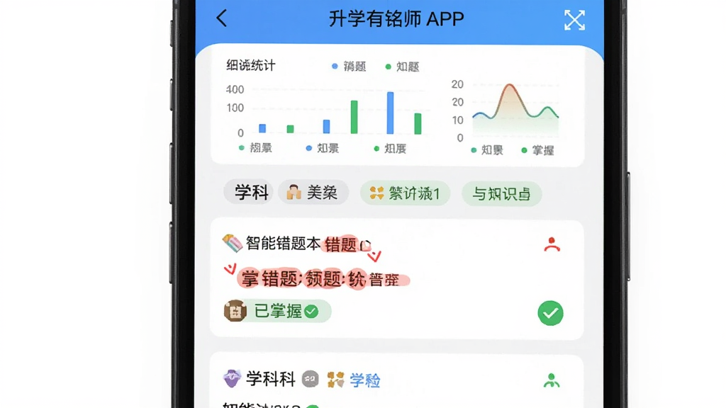 一部手机屏幕显示升学有铭师APP的智能错题本页面,主体为错题列表与知识点标签,布局为顶部统计图表加下方错题卡片,风格清爽学习工具风,细节包含红色标记的错题、绿色对勾的已掌握标识、学科分类图标,画质清晰,干净,无多余元素