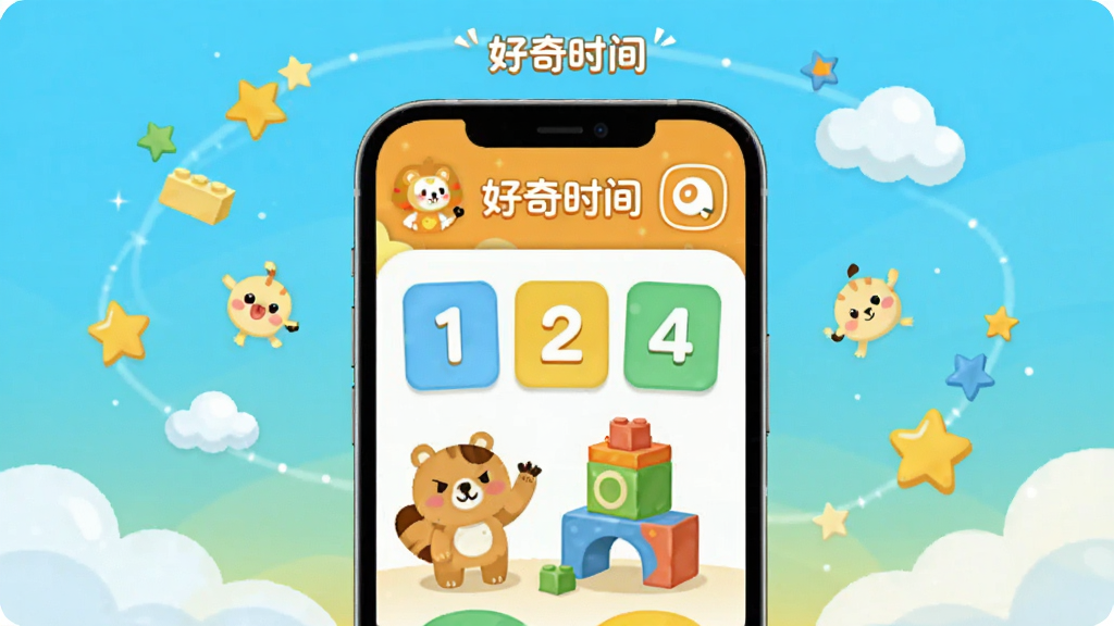画面中央是手机屏幕展示好奇时间APP界面,界面内包含卡通动物、数字卡片和彩色积木元素,周围环绕着星星和云朵装饰,整体采用明亮活泼的儿童插画风格,色彩以橙黄蓝绿为主,画面干净整洁,布局居中对称,画质高清,无多余元素,屏幕上方用圆润字体写着“好奇时间”