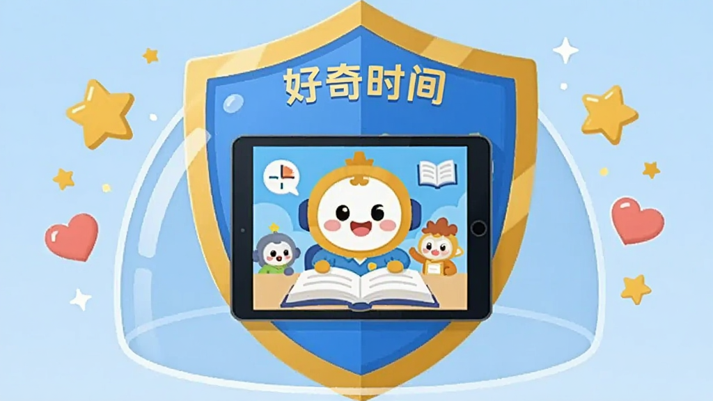 画面展示一个盾牌形状的保护罩笼罩着一台平板电脑,平板屏幕中显示好奇时间的卡通角色在快乐学习,盾牌周围有星星和爱心环绕,整体采用卡通扁平风格,色调以蓝色和金色为主,布局居中,画质高清,画面干净,无多余元素,盾牌上写着“好奇时间”