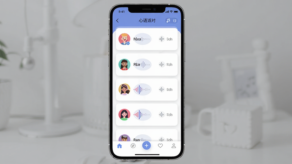 心语派对软件主界面全貌展示,主体为手机屏幕内显示语音派对房间列表和底部导航栏,布局居中,排版简洁清晰,风格为现代社交应用UI设计,细节包括彩色头像、语音波形图标、房间卡片,画质高清,干净,无多余元素