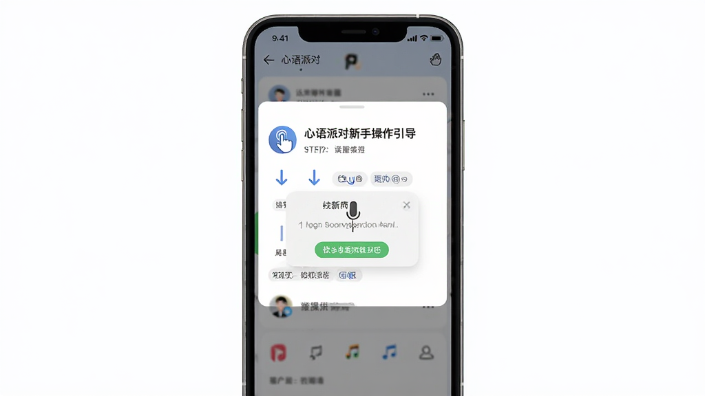 心语派对新手操作引导界面,主体为手机屏幕中显示步骤提示和箭头指引,布局为居中弹窗,排版简洁,风格为扁平化社交应用引导页,细节包括手指点击图标、麦克风权限弹窗,画质高清,干净,无多余元素