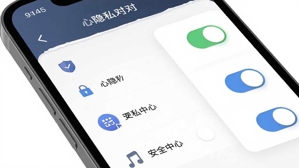 心语派对隐私安全设置界面,主体为手机屏幕中显示隐私开关和安全中心图标,布局为列表式,排版清晰,风格为简约商务社交应用界面,细节包括盾牌图标、锁形图标、开关按钮,画质高清,干净,无多余元素