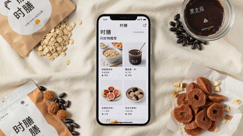 画面中央是一部手机,屏幕上显示“时膳”应用的好物推荐页面,页面中有燕麦片、黑芝麻糊、无花果干等商品卡片,每张卡片配有实物小图和简短描述,手机周围散落着对应的真实食材,背景为米白色棉麻布,布局为手机居中,食材环绕,风格为自然生活风,细节包括食材的纹理与包装的质感,画质清晰,干净,无多余元素