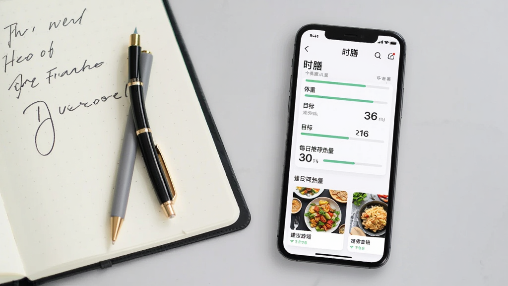 画面中一部手机竖立放置,屏幕上显示“时膳”应用的个人目标页面,页面中有体重、目标、每日推荐热量等数据,下方有建议食谱卡片,手机旁放着一本打开的笔记本和一支笔,背景为浅灰色桌面,布局为手机偏右,笔记本偏左,风格为简约办公风,细节包括屏幕上的进度条与笔记本上的手写字迹,画质清晰,干净,无多余元素