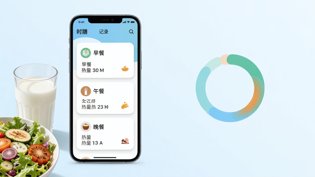 画面中心是一部手机,屏幕上显示“时膳”应用的膳食记录页面,页面中有早餐、午餐、晚餐三个卡片,每个卡片内列出食物名称与热量数字,手机旁边放着一杯牛奶和一份沙拉,背景为淡蓝色渐变,布局为手机居中偏左,右侧留白处有简洁的营养环形图,风格为现代扁平化,细节包括卡片的阴影与图标的圆润感,画质清晰,干净,无多余元素