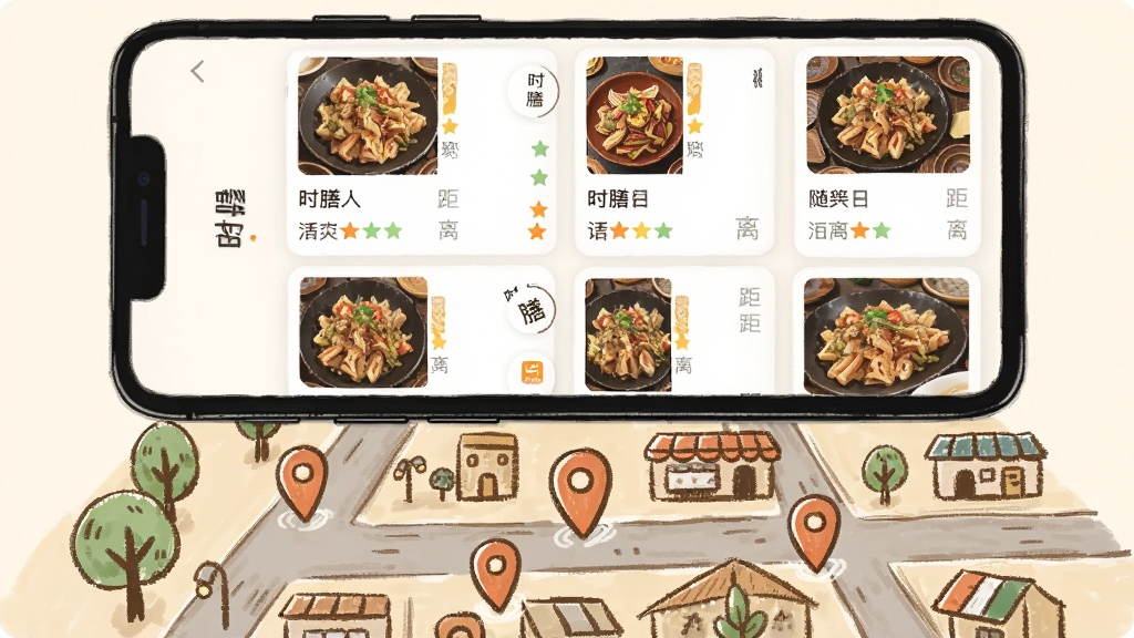 画面展示一部手机,屏幕上是“时膳”应用的餐馆列表界面,每家餐馆以卡片形式展示,包含店名、评分、距离和招牌菜小图,手机下方是一张手绘风格的城市街道地图,地图上有几个定位标记,布局为手机在上地图在下,风格为温暖手绘风,细节包括地图上的小树与建筑轮廓,画质清晰,干净,无多余元素