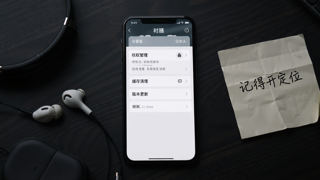 画面中一部手机平放在桌面上,屏幕显示“时膳”应用的设置页面,页面中有权限管理、缓存清理、版本更新等选项,手机旁边放着一副耳机和一张便签纸,便签上写着“记得开定位”,背景为深色木纹桌面,布局为手机居中,耳机与便签分列两侧,风格为暗调静物风,细节包括屏幕的亮光与便签的褶皱,画质清晰,干净,无多余元素