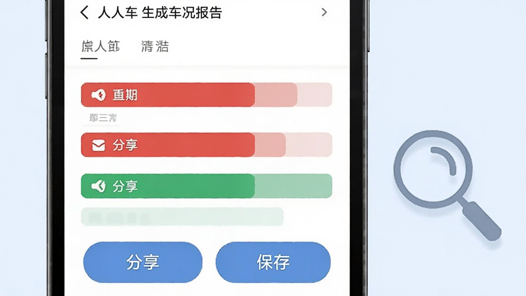 一部手机展示人人查车生成的车况报告截图,报告中有红色和绿色标记的重点条目,手机下方有分享和保存按钮,背景为淡蓝色,画面右侧有一个放大镜图标,风格清新简洁,细节丰富,画质干净