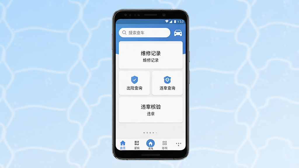 一张手机屏幕展示车辆信息查询界面的图片,画面中央是一部竖屏安卓手机,屏幕内显示人人查车应用首页,顶部有搜索框和车辆图标,中部排列维修记录、出险查询、违章核验等功能按钮,底部有导航栏,背景为浅蓝色渐变,风格简洁现代,细节清晰,画质干净,无多余元素