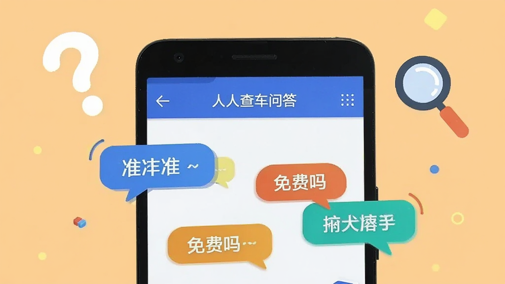 一部安卓手机展示人人查车问答页面,屏幕上有准不准、免费吗等文字气泡,手机周围有问号和放大镜图标,背景为浅橙色,风格轻松友好,画面干净,画质清晰