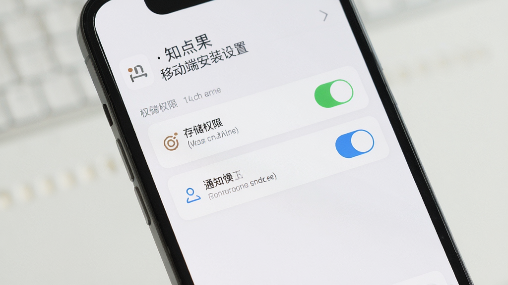 管理知点果 移动端安装设置界面,画面为手机屏幕显示权限开关列表,包含存储权限和通知权限,背景为浅色列表布局,风格清爽素雅,细节清晰,画质干净,无多余元素