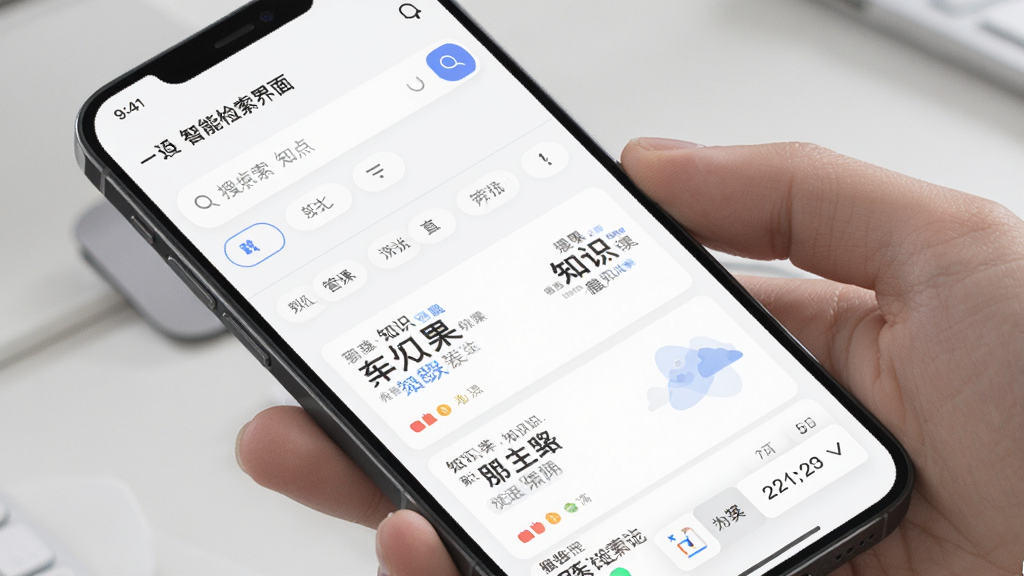 管理知点果 智能检索界面,画面为手机屏幕显示搜索框与筛选条件,下方列出多条知识卡片结果,界面有标签云和日期选择器,风格素雅极简,细节清晰,画质干净,无多余元素