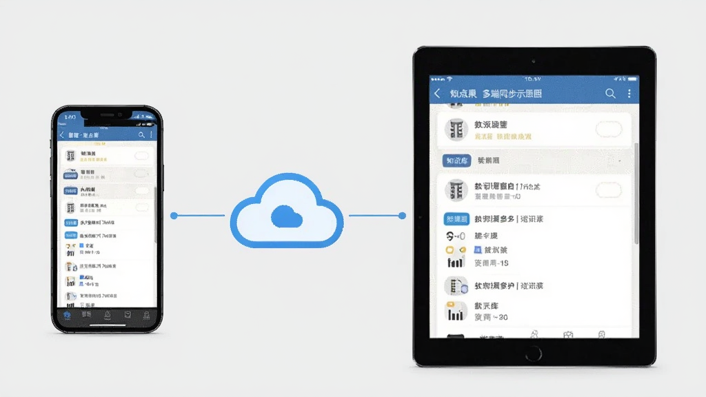 管理知点果 多端同步示意图,画面左侧为手机,右侧为平板,中间有云朵图标连接,屏幕内显示相同知识库内容,背景为浅灰色,风格简约商务,细节清晰,画质干净,无多余元素