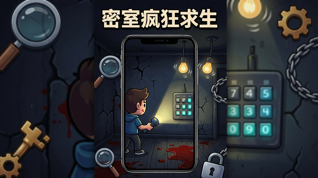 画面中央一部智能手机竖屏展示密室逃脱游戏场景,主体为幽暗密室房间内一位卡通风格角色手持手电筒照亮墙面密码锁,布局采用手机屏幕居中、周围环绕放大镜钥匙齿轮锁链等解谜元素,排版为竖版海报构图,风格为暗黑卡通游戏宣传风格,细节包括墙面裂纹、地板血迹、悬挂灯泡摇晃、密码键盘发光,画质高清干净无多余元素,画面中文字“密室疯狂求生”位于顶部