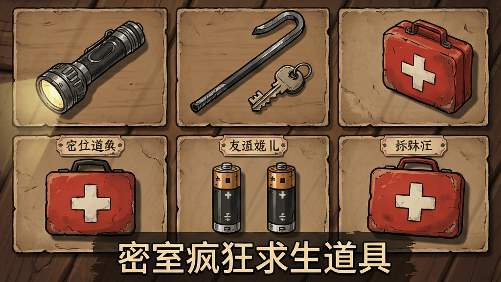 游戏道具界面截图风格插画,主体为木质桌面上摆放手电筒、撬棍、钥匙、电池、急救包等物品,布局为俯视平铺构图,排版为九宫格陈列,风格为复古手绘游戏UI风格,细节包括物品阴影、磨损质感、标签文字,画质高清干净,画面中文字“密室疯狂求生道具”位于底部