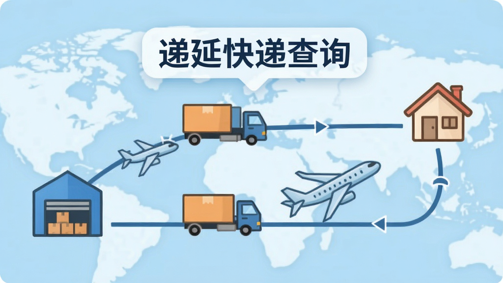 画面中展示一条蜿蜒的物流轨迹路线图,起点是仓库图标,终点是用户住宅图标,中间有货车和飞机图标,路线图上方悬浮着“递延快递查询”文字标签,背景为浅蓝色地图风格,画质清晰,干净无多余元素
